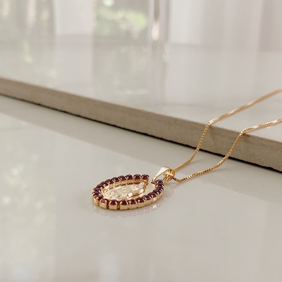 Virgin Mary Garnet Necklace | 18k Gold Filled - Picture 3 of 6